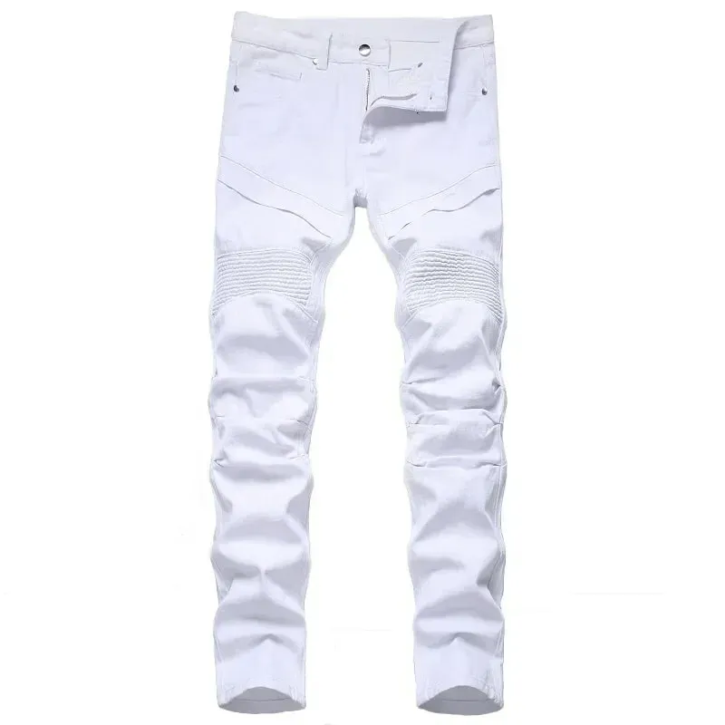 Seluar Jeans Slim Lelaki Baru Motosikal Putih Bergaya Kasual Perca Seluar Denim Fesyen Seluar Lelaki Lipat Ketat (tanpa Tali Pinggang) — image 4