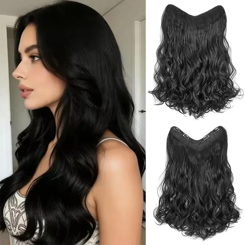 Estensioni sintetiche per capelli ricci ondulati lunghi a forma di V da 24 pollici Fibra morbida resistente al calore Parrucchino per acconciature da festa quotidiane per donne — image 1