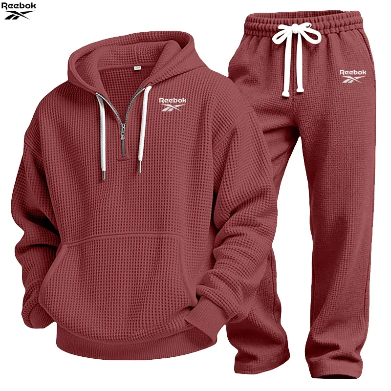 2026 Reebok Brand Spring-Autumn Men's Hooded Sweatshirt Set - Retro Solid Color Loose Fit Street Style Half-Zip Hooded Shirt - C — image 7