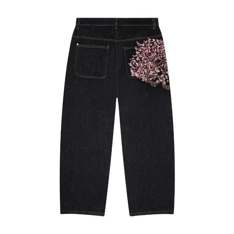 Y2K Baggy Jeans Cherry Blossom Embroidery Denim Pants Men Women American Hiphop Streetwear Wide Leg Denim Trousers — image 9