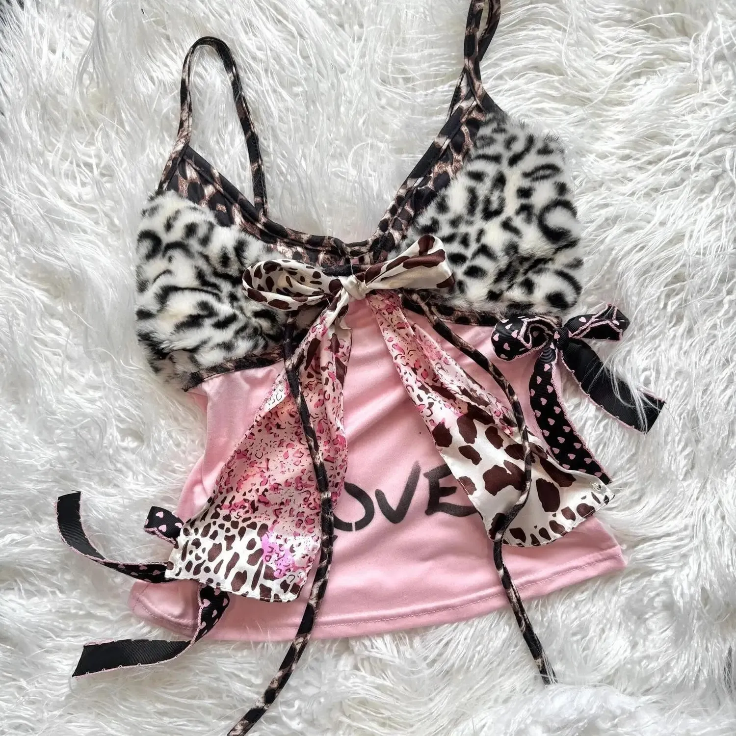 American Harajuku Hottie Camisole Subculture Leopard Patchwork Bow Halter Vest Y2K Aesthetic Letter Print Tanks Women's Slim Top