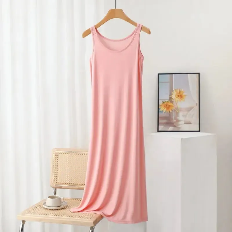 Plus Size Modal Long Dress Women's Spring Summer Loose A- Line Bottoming Skirt Home Sleepwear Sleeveless Pure Color Gown — image 3