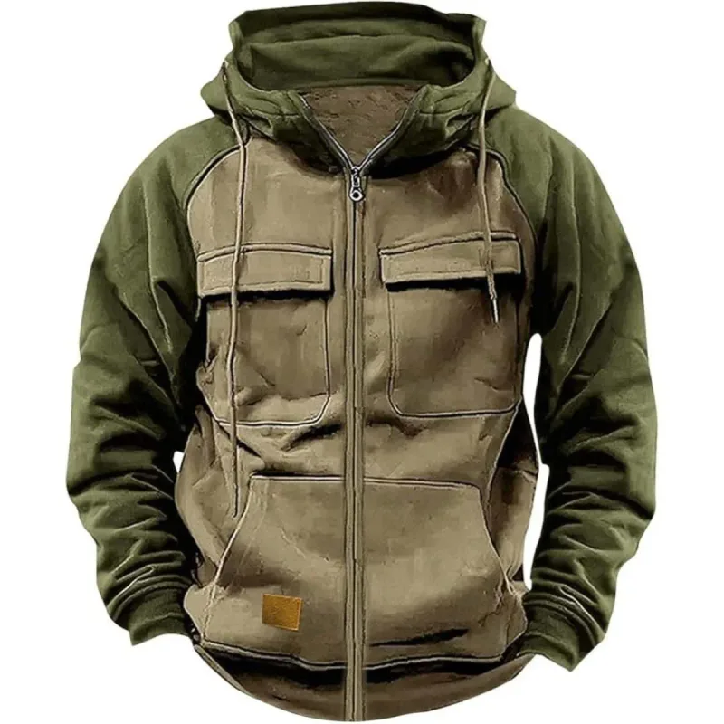 Lelaki Zipper Patchwork Sweatshirt Hangat Fleece Fesyen Berbilang Poket Lelaki Kasual Zip Up Jaket Musim Gugur Musim Sejuk Luar Taktik Hoodie — image 5