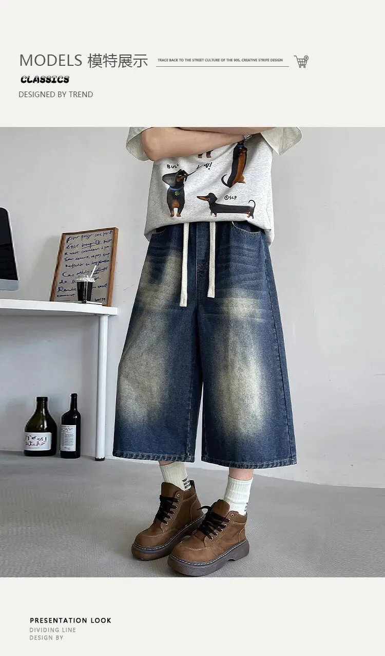 Loose Fit Cropped Jeans Elastic Drawstring Waist Stretch Denim Casual Wear Comfort Men Baggy Denim Pants Man 2023 Fashion Trendy — image 7