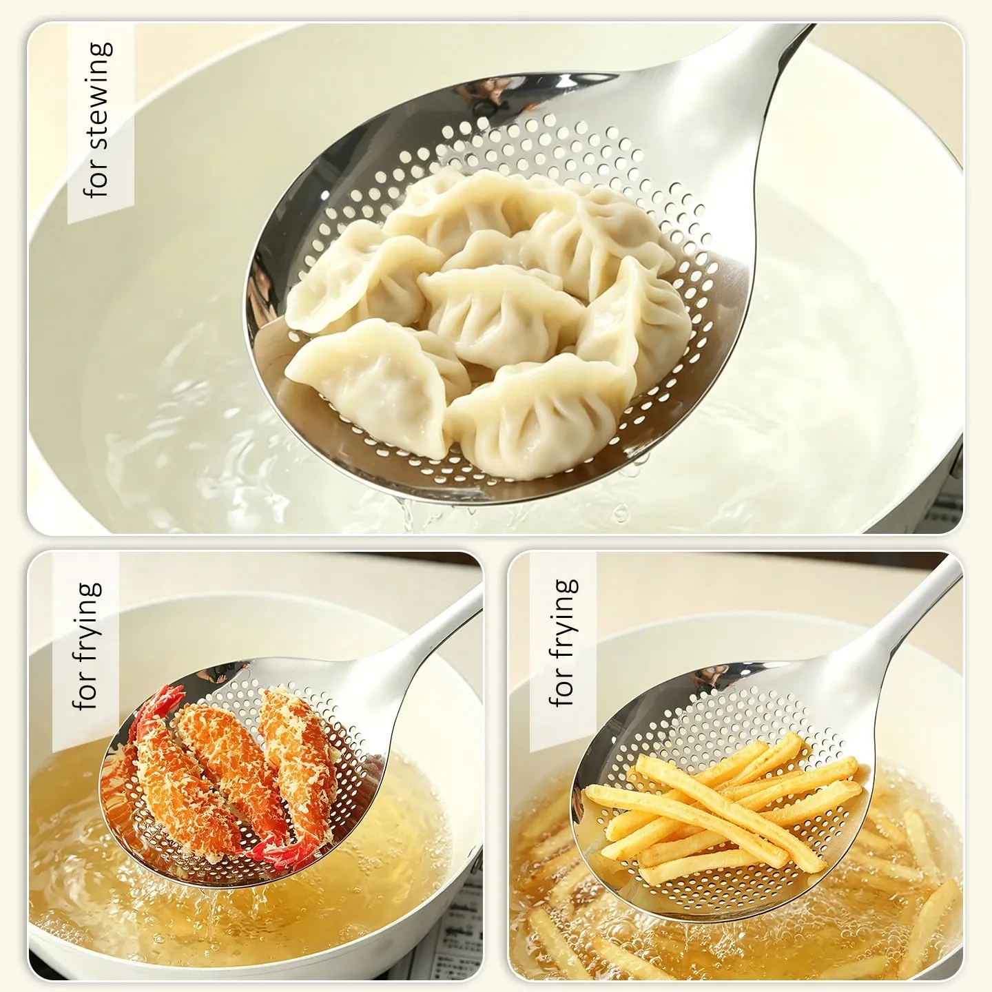 12.5cm Width 33cm Length Cooking Sieve Ultra Thick Pure 304 Stainless Steel Frying Colander Noodle Strainer with Fine Meshes — image 4