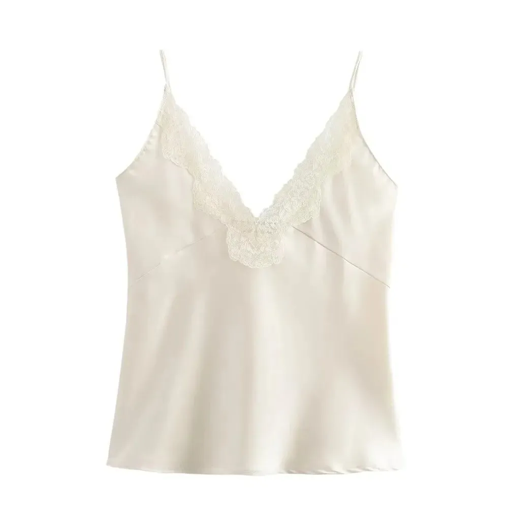 Casual Enfärgad spets Patchwork Tankar Spaghetti Rem Andas Satin Camisole Ärmlösa V-ringad Toppar Party Outfit — image 9