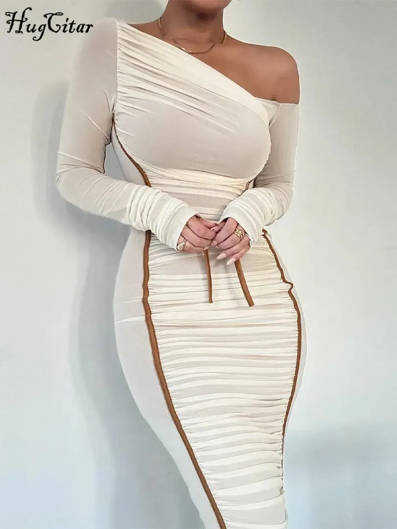 Gaun Maxi Bodycon Tembus Pandang Seksi Terbungkus Lengan Panjang Kerah Diagonal Solid Jaring Hugcitar Pakaian Fashion Musim Panas Klub Festival — image 3