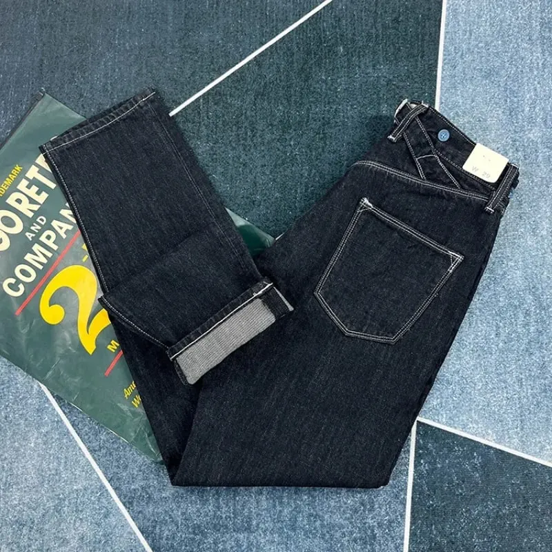 100% bawełna z tyłu paryska klamra wiosenne czarne proste dżinsy dla mężczyzn amerykański styl retro Casual japońskie wąskie, zwężane długie spodnie — image 2