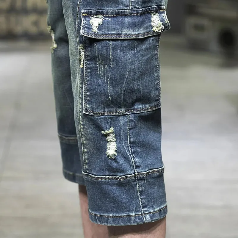 Pantaloncini cargo da uomo in denim al ginocchio, mezzo lungo, bermuda, jeans corti, pantaloni da uomo con tasche, pantaloni blu di lusso, streetwear sottile — image 6