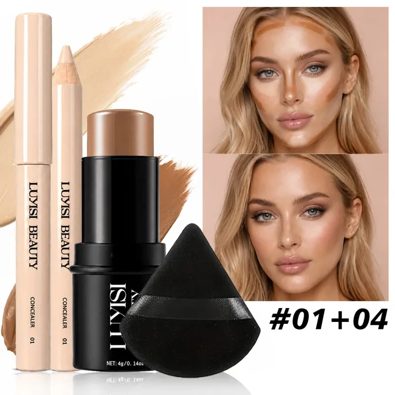 3pcs/Set Face Makeup:1pc Concealer+1pc Contour+1pc Blending Puff Waterproof Velvet Matte All-Day Wear - Buildable Coverage. — image 4