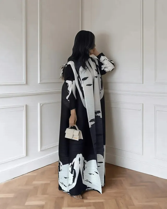 Frauen Falten Miyake Plissee Abaya Langarm Druck Faltbare Kragen Robe Strickjacke Mantel Neue Winter Mode Original Design 2026 — image 19