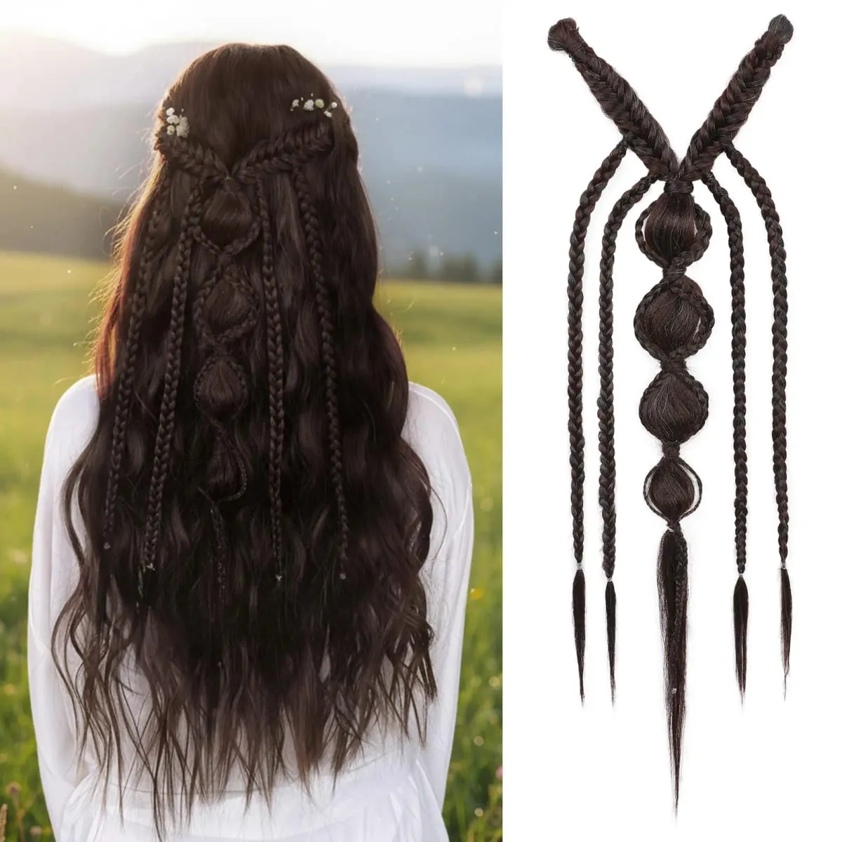Synthetische Clip-in-Zopf-Haarverlängerungen – Boho-Festival-Prinzessin-Zopf-Haarverlängerung, Feen-Cosplay-Hochzeits-Haarteil für Frauen — image 8
