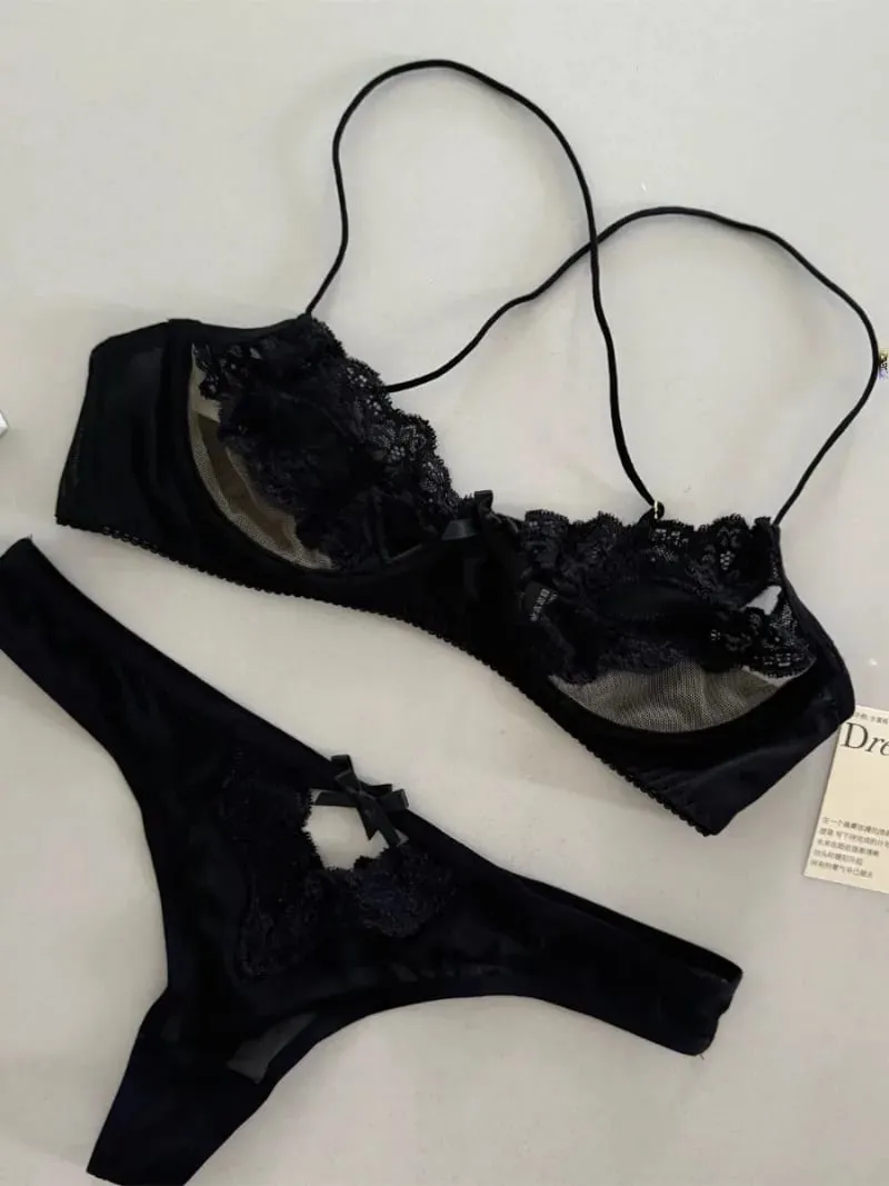 Ensemble de sous-vêtements de soutien-gorge français, ajouré, nœud en dentelle, demi-tasse, Lingerie Sexy, ultra-mince, tentation, tenues érotiques chaudes — image 4