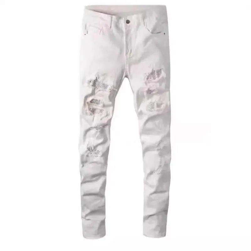 Diamant-besat vasket Ripped Patch Patchwork Hot Diamond Jeans Beggar Pants Mænd — image 4