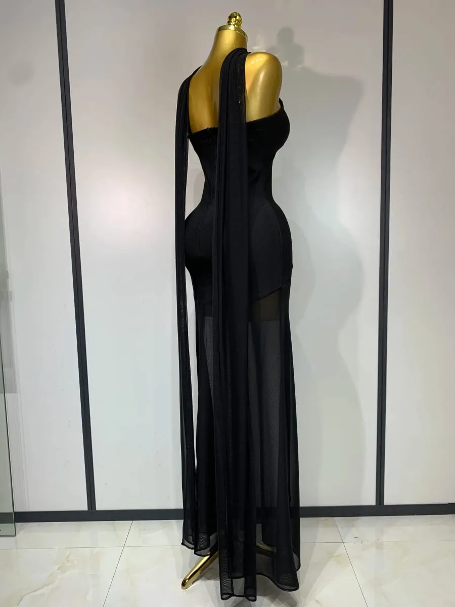 Seksowna długa bandażowa sukienka bez ramiączek czarna siateczkowa patchworkowa elegancka damska suknia wieczorowa bez ramiączek Bodycon sukienki urodzinowe — image 5
