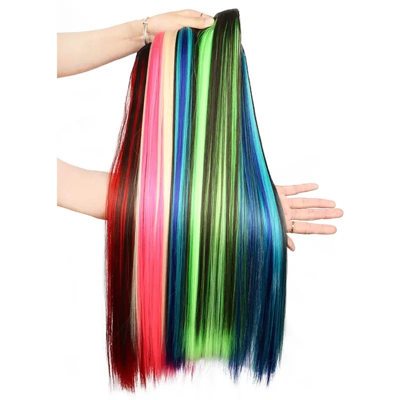 Synthetische 24 Zoll lange, gerade, einteilige Regenbogen-Highlight-Clip-In-Haarverlängerungen für Frauen, täglicher Gebrauch, einfach zu tragen — image 3