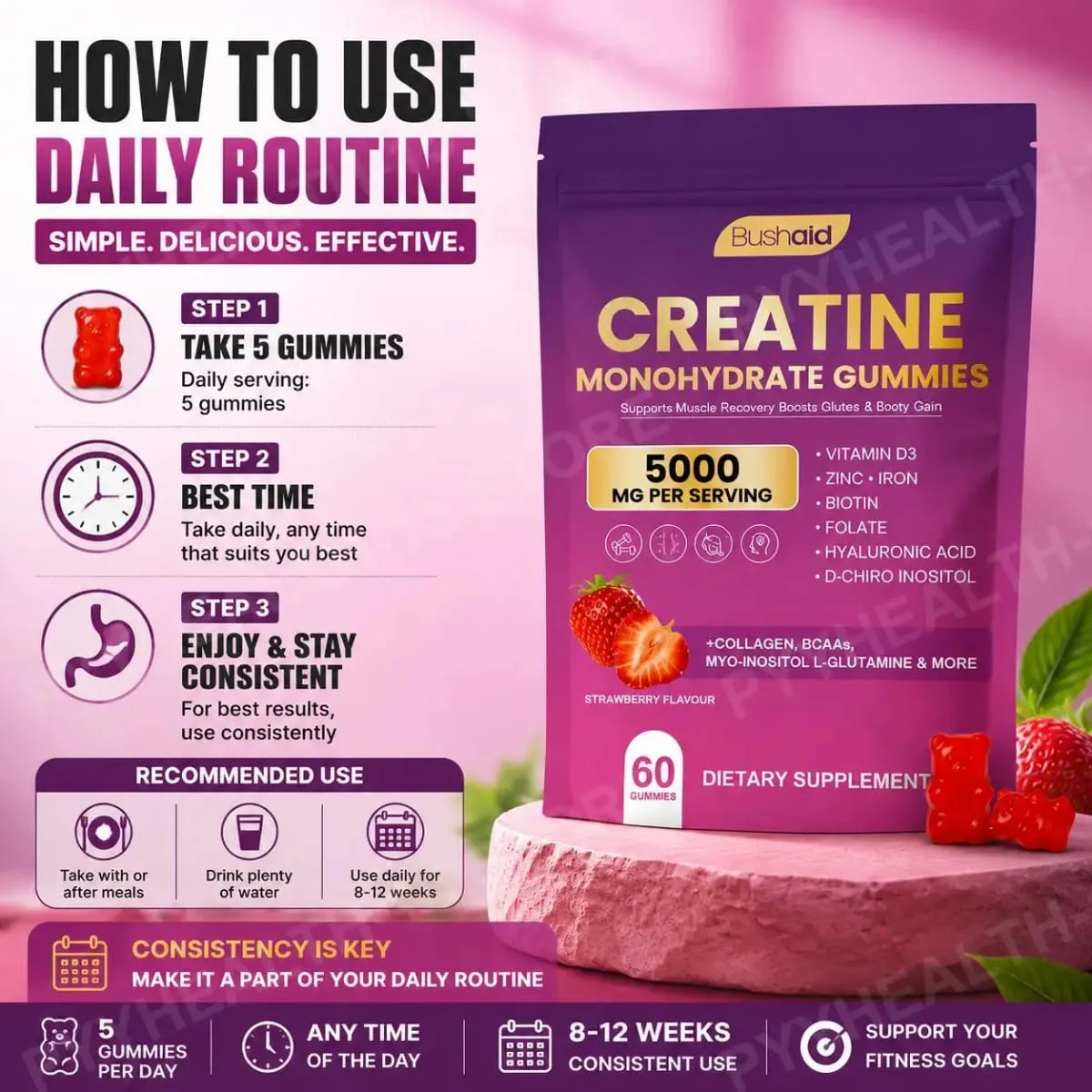 BushAid Creatine Monohydrate Gummies til post-workout muskelgendannelse med Multi-Collagen Blend BCAA og Zink 60 Gummies — image 6