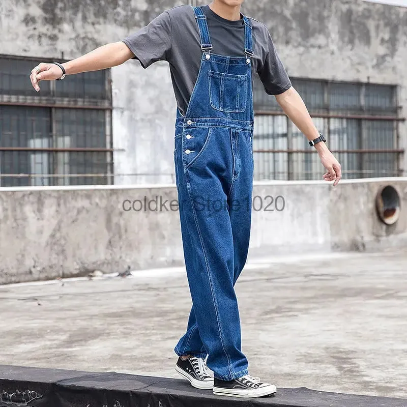 ใหม่ผู้ชาย DENIM Overalls Casual หลายกระเป๋าหลวม Splice ตรง Rompers แฟชั่นปรับ Suspenders กางเกงยีนส์สำหรับชาย — image 3