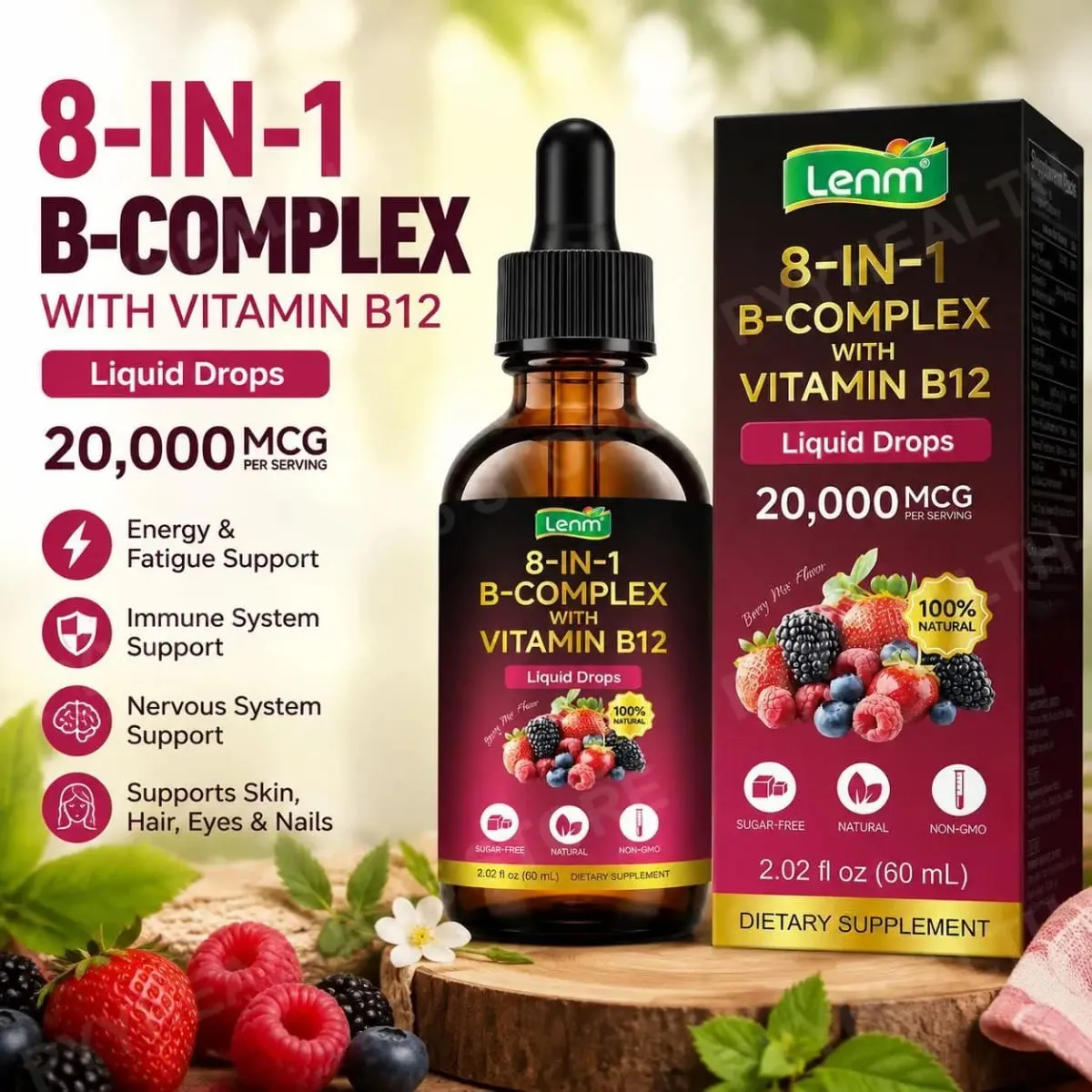 Lenm Vitamin B12 B-Complex Liquid Drops 8-in-1 Supports Nervous System Immune Health and Daily Energy 60 ML Sugar-Free Non-GMO — image 1