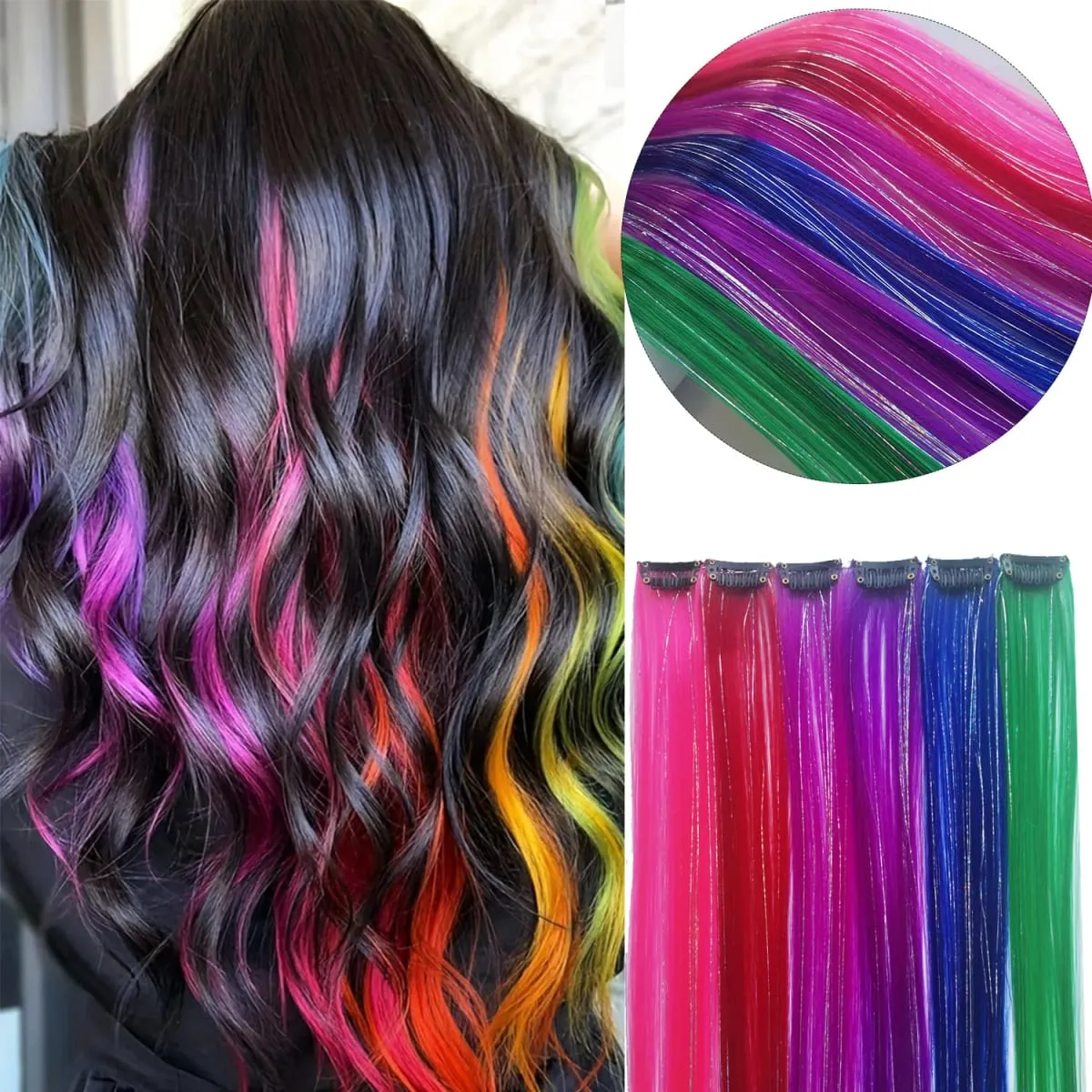 Mehrfarbige Clip-in-Haarverlängerungen, gemischte Lametta, farbige Haarverlängerungen, 2-in-1-Regenbogenhaar mit silbernen Lametta für Kinder und Mädchen — image 1