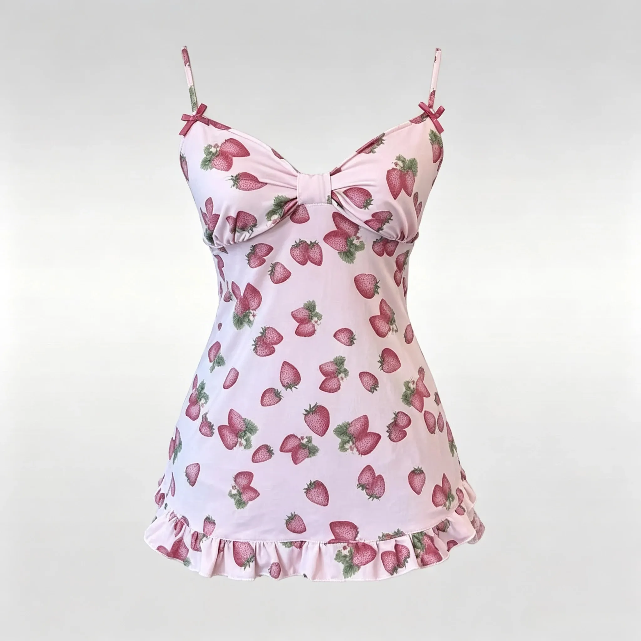 Sød Dame Spaghetti Strap Tank Top Jordbærmønster Sløjfe Ornament Flæsekant Slank Sweet Cottagecore Daily Cami Top