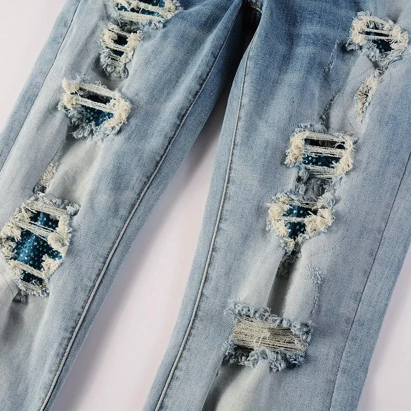 Jeans Denim Patch Kristal Lelaki Streetwear Seluar Stretch Patchwork Biru Koyak Seluar Tirus Kurus Bermasalah — image 3