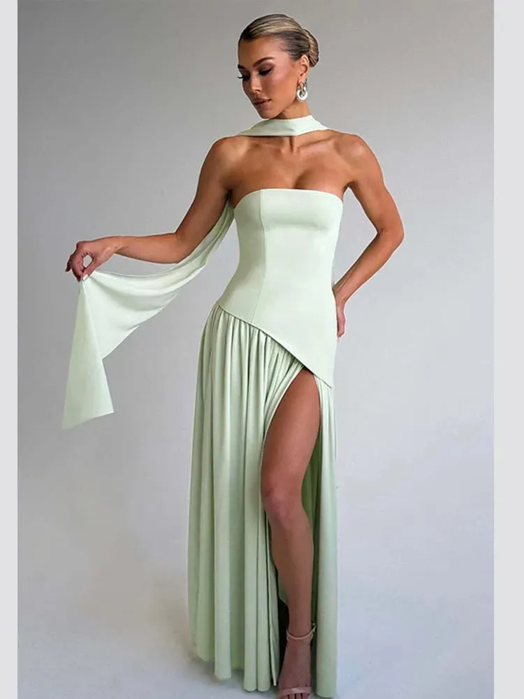 Solid Spliced Ribbon Maxi Dress Women Elegant Strapless Sleeveless Slit Long Dresses 2025 New Summer Holiday Party Lady Vestidos — image 4