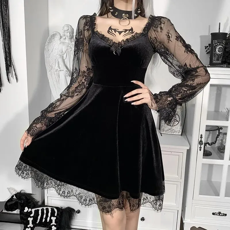 Mall Gothic Emo Jacquard A-Line Goth Elegant Grunge Ruched BANDAGE Partywear Punk ผู้หญิงสีดำฮาโลวีนชุดคลับ — image 8