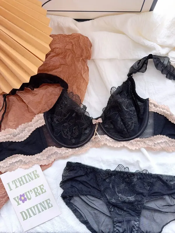 Ensemble de soutien-gorge français en dentelle florale, à armatures douces, bonnet de lapin Ultra fin, grande taille, minimiseur, ensemble de Lingerie Sexy pour femmes, usage quotidien