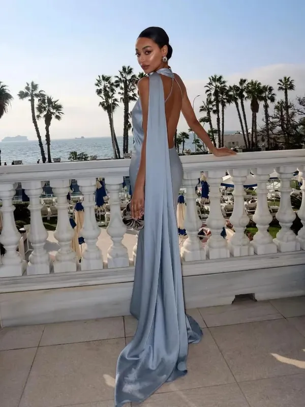 Robe longue en Satin pour femmes, dos nu, col en V, sans manches, fente, couleur unie, Sexy, Robes de soirée, vacances, été, 2026 — image 22