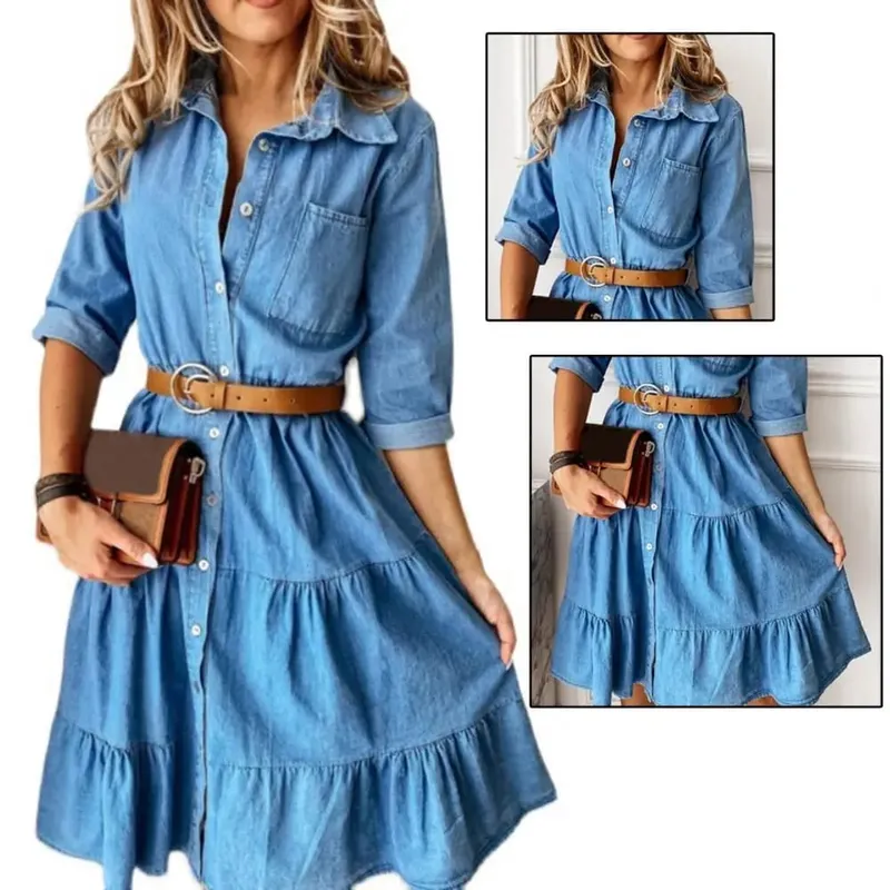 Vestido vaquero de manga tres cuartos con cinturón, cuello vuelto, botones de primavera y otoño, vestidos vaqueros con volantes para mujer 2025 — image 3