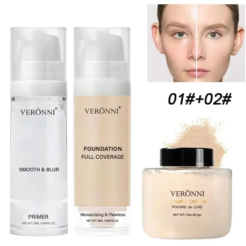 3-teiliges Gesichts-Make-up-Set für Anfänger, mattes Foundation-Make-up, feuchtigkeitsspendende Grundierung, Ölkontrolle, loser Puder, vollständig abdeckender Gesichts-Concealer — image 7