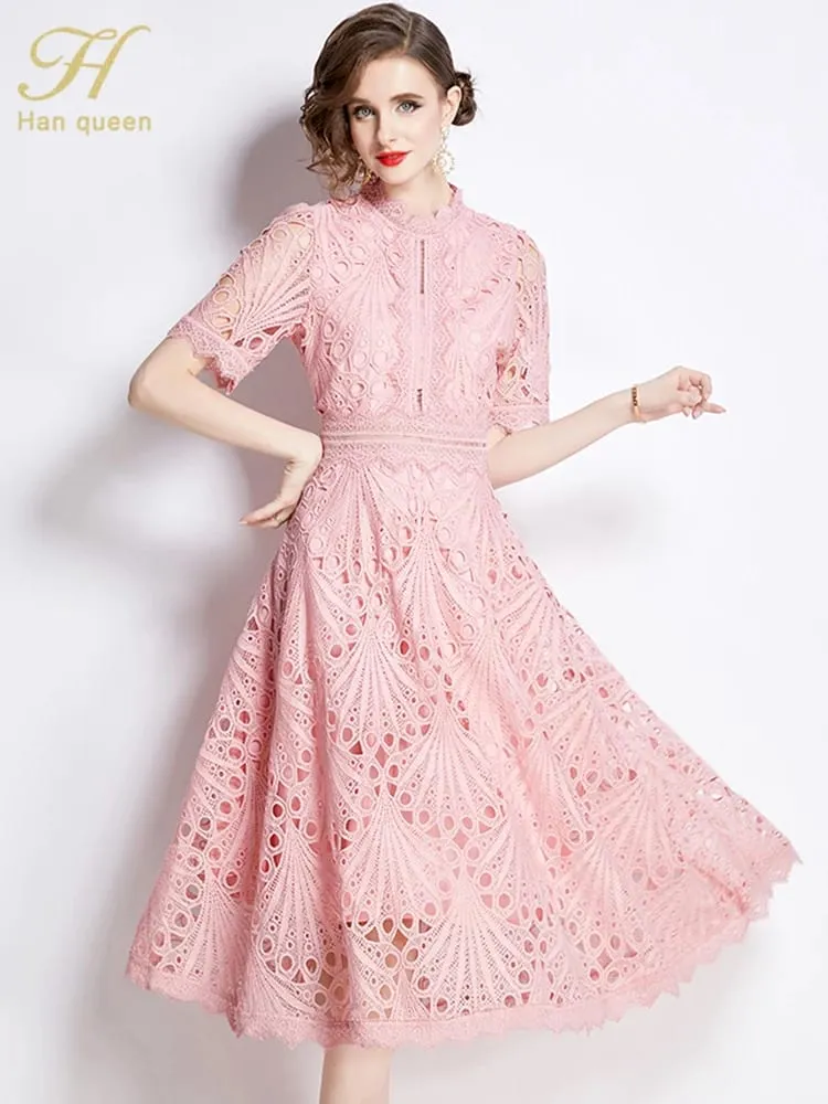 H Han Queen printemps nouveau élégant décontracté travail robes de soirée Floral Crochet évider dentelle Patchwork décontracté bureau robe mi-longue — image 6
