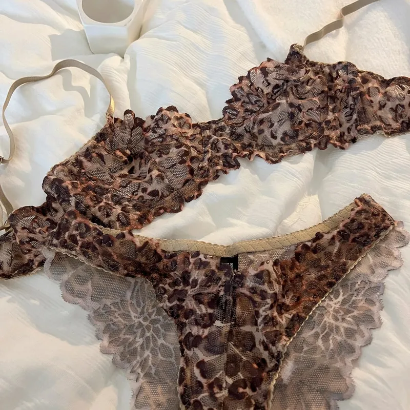 French Sexy Underwear Thin Leopard Print Transparent Lingerie Comfortable Women's Gathered Underwire see through bra Set Thong
