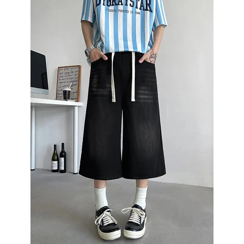 Loose Fit Cropped Jeans Elastic Drawstring Waist Stretch Denim Casual Wear Comfort Men Baggy Denim Pants Man 2023 Fashion Trendy
