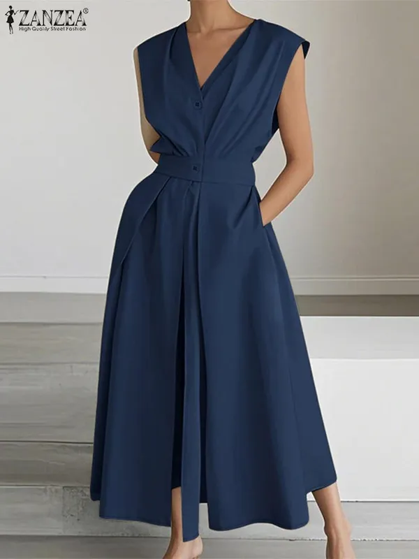 Elegant Chic ผู้หญิงชุดยาวลำลองแขนสั้นคอเอวสูง Casual & Day เสื้อชุดสีทึบ S-3XL — image 19