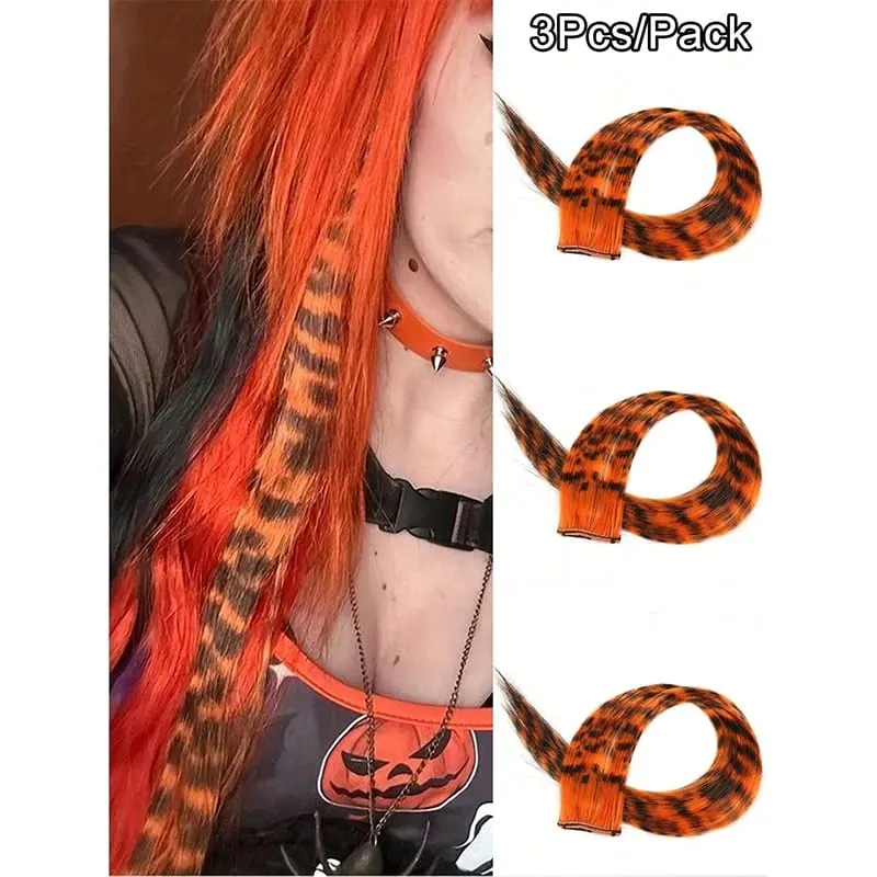 3 pezzi estensioni dei capelli con stampa leopardata striscia sintetica pezzo di capelli stampato clip lunga e dritta colorata nei capelli per le donne ragazze festa — image 17