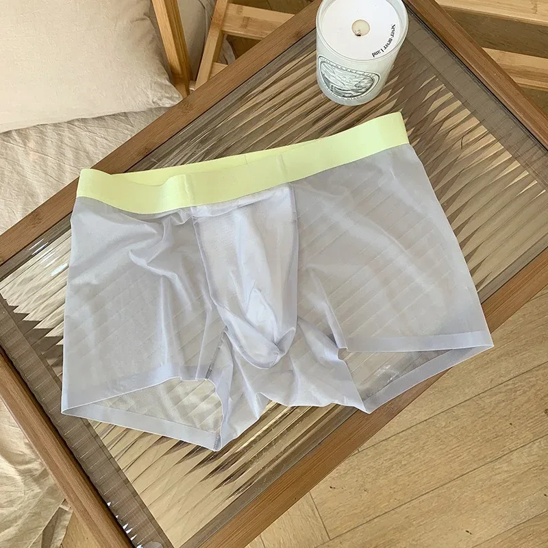 Boxers planos ultrafinos 20D, pantalones cortos de secado rápido para hombre, ropa interior transparente de seda helada, bragas con bolsa en U, sin costuras, cintura media