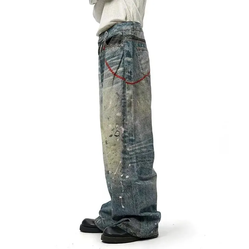 Niche Design Herren-Denim-Hosen, Kettendruck, Kontrastfarbe, Spritztinte, lässig, weites Bein, Vintage, lockere Herren-Jeans 9W4170 — image 5