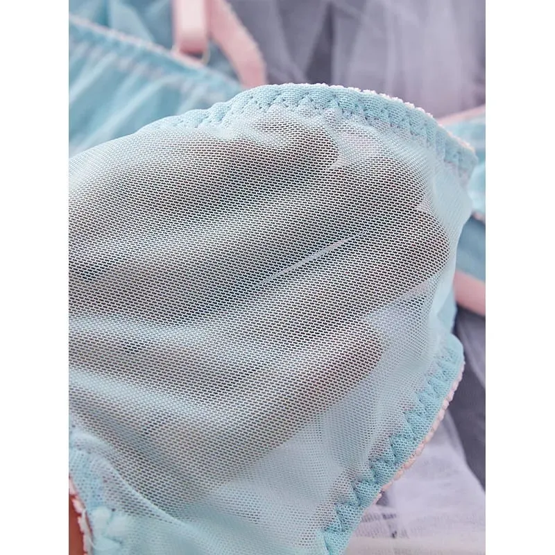 Conjunto de lencería Sexy de encaje ligero semitransparente con tiras finas y empalme de malla azul para mujer — image 4