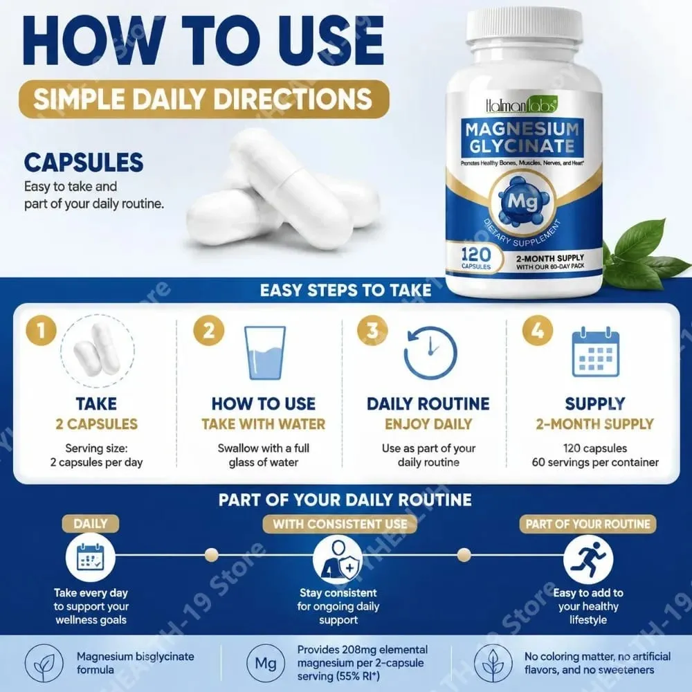 Kapsul Magnesium Glycinate dengan 208mg Elemental Bisglycinate untuk Otot Tulang yang Sihat & Sokongan Saraf Dewasa 120 Kapsul — image 6