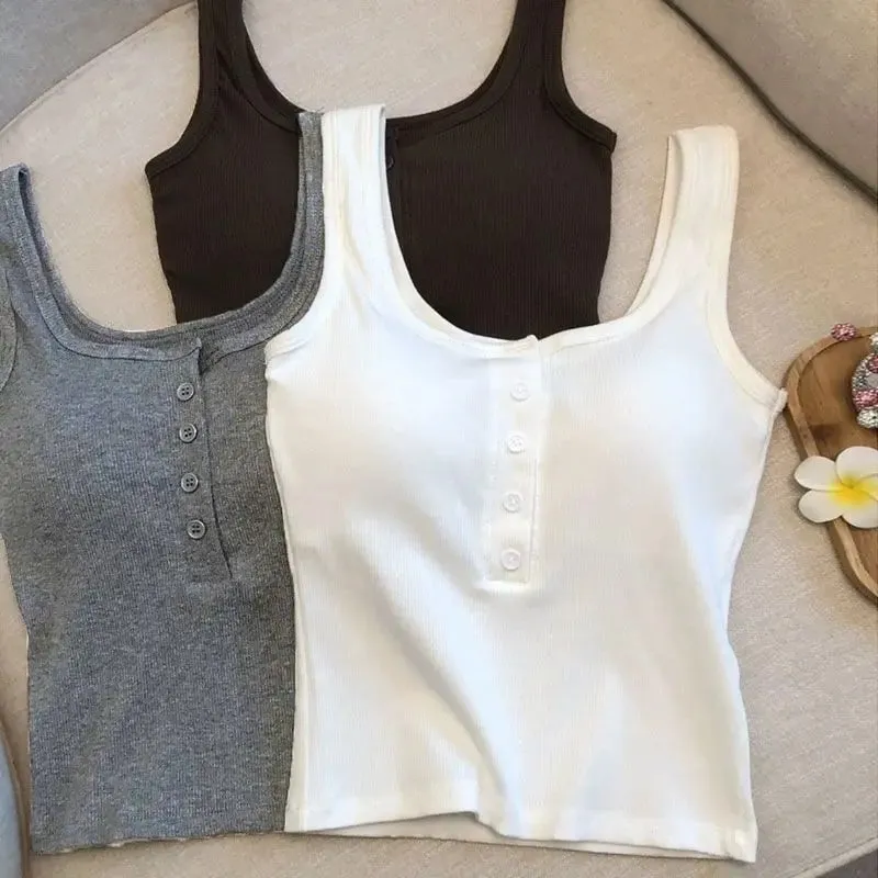 1-teiliges geripptes Henley-Tanktop für Damen mit quadratischem Ausschnitt und Knopfleiste vorne, integrierter BH, ärmelloses Leibchen — image 6