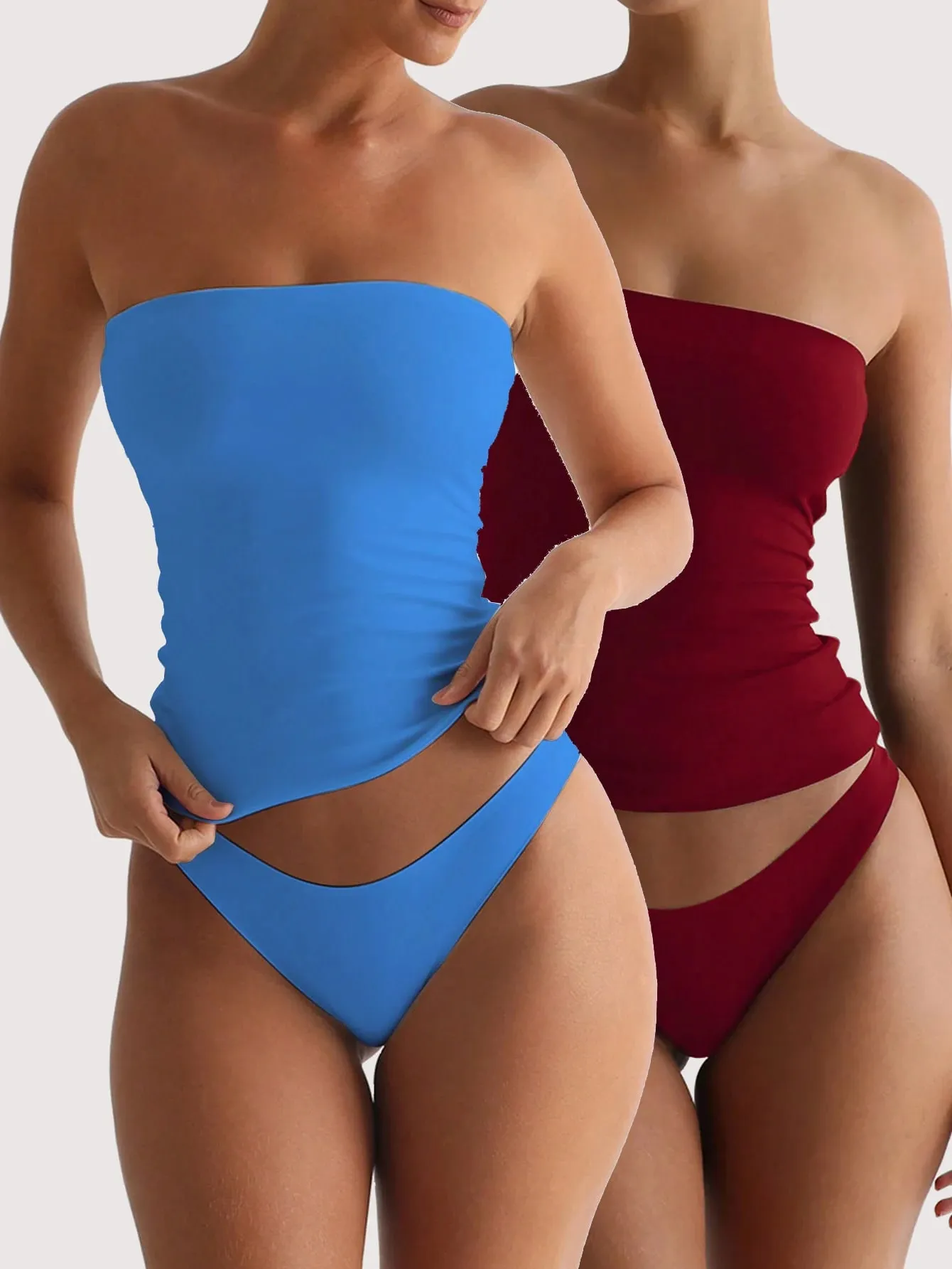 2 팩 솔리드 스트랩리스 튜브 탑 여성 소프트 스트레치 민소매 슬림 기본 우아한 레이어링 Bandeau Cami 데일리 캐주얼 복장