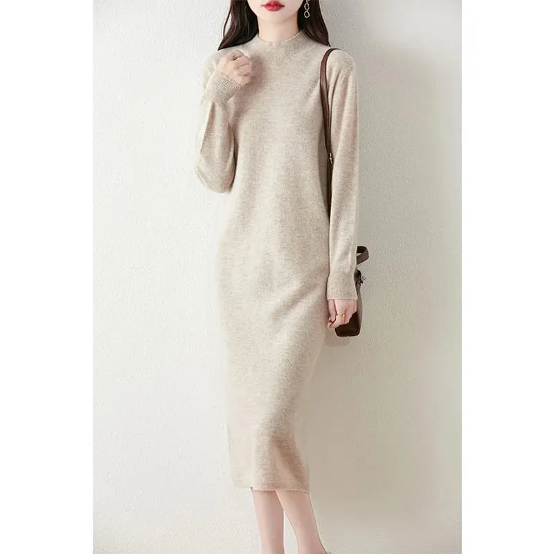 Autumn Winter Women's Wool Long Dress Cashmere Mock Neck Pullover Sweater 100% Merino Wool Soft Knitwear OL Simple Basic Dress