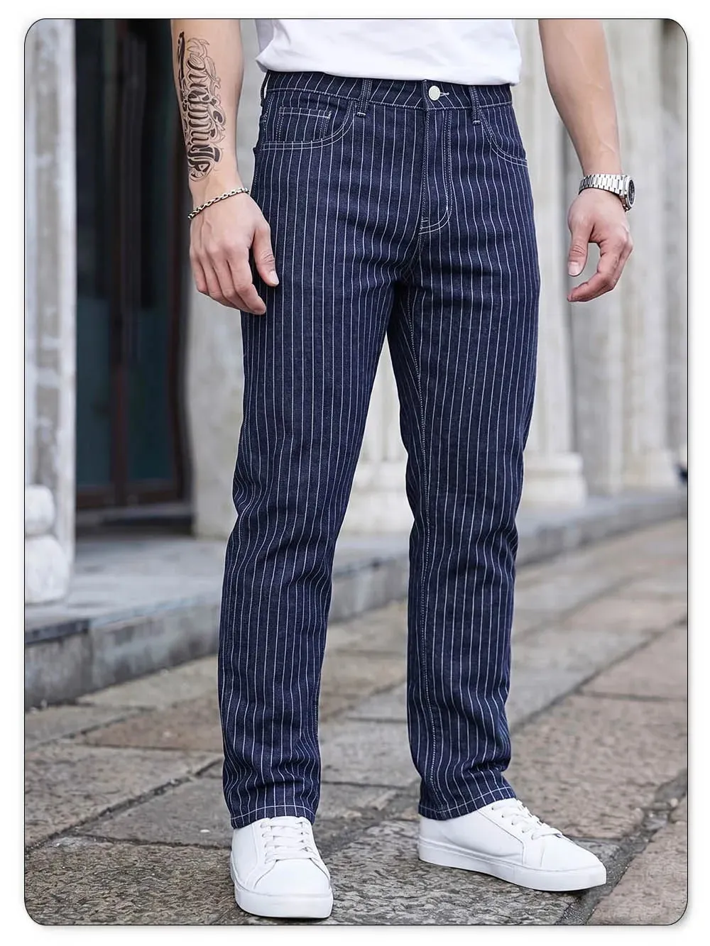 Leichte, luxuriöse, blau-weiß gestreifte Jacquard-Jeans mit schmaler, elastischer Passform und geradem Bein. Business-Casual-Jeans für Pendler — image 3