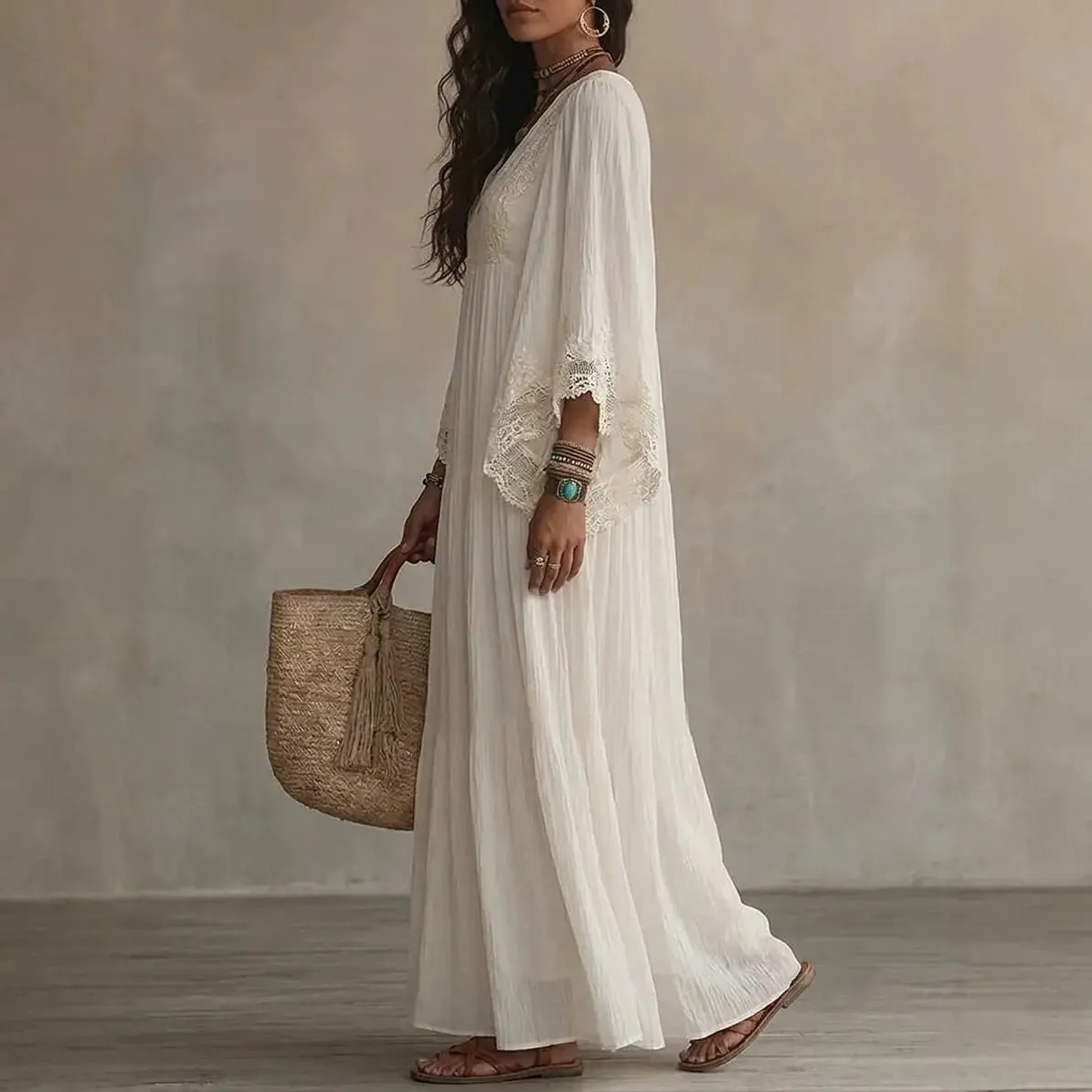 ฤดูร้อนElegant Solidชุดสตรีลำลองลูกไม้Trim VคอFlowy MaxiชุดชายหาดHoliday Party Maxi Dresses Robe Vestidos — image 5