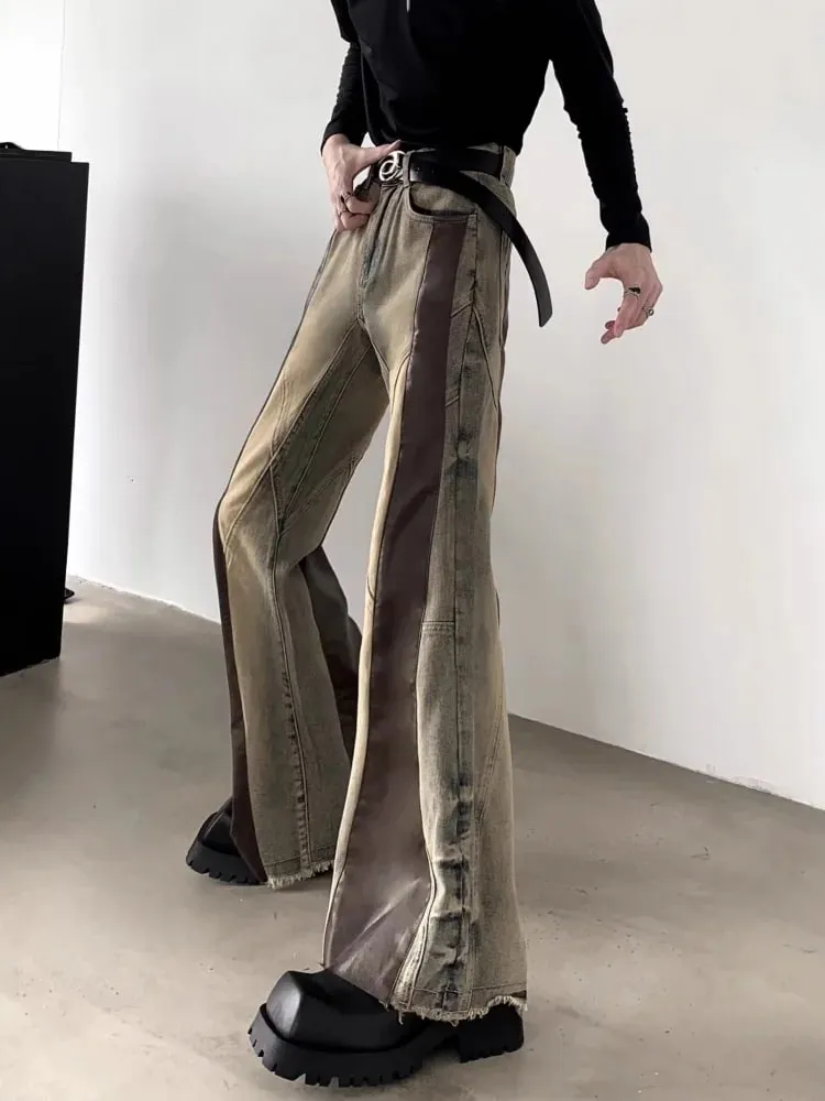 Trashy Y2K 2000S Pu skórzany patchworkowy wąskie dżinsy rozkloszowane spodnie dla mężczyzn 90S ubrania vintage Colorblock spodnie dżinsowe Moda Hombre — image 4