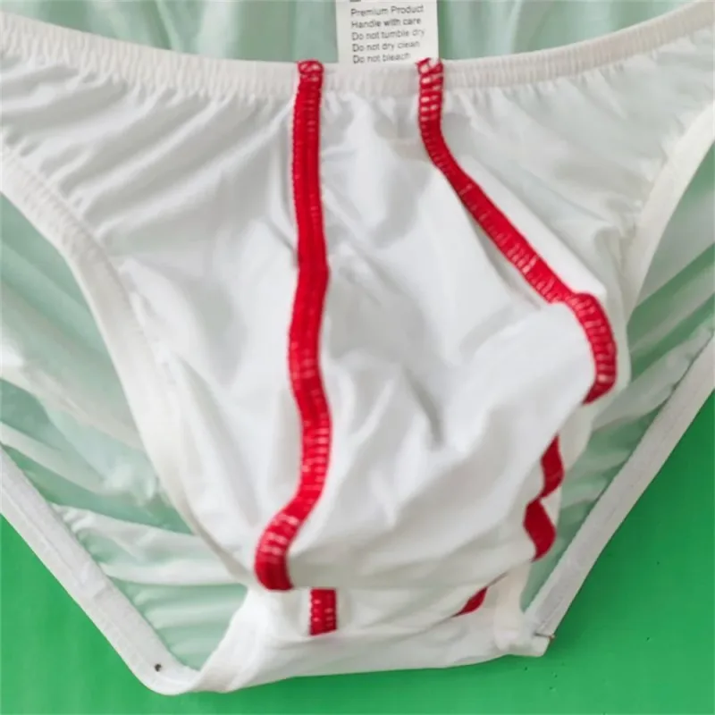 Two Line Stripe Ice Silk Briefs for Men Plus Size Underwear Sexy U Convex Lingerie Low Waist Bugle Pouch Male Panties — image 9