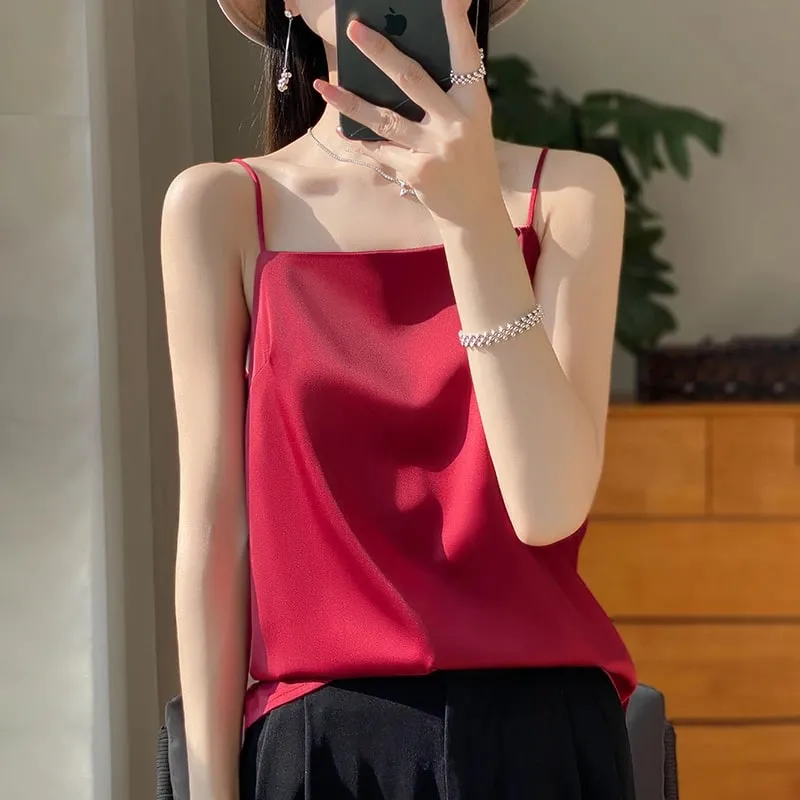 New Ice Silk Sexy Satin Strap Women's Spring/Summer Vest Solid Color Sleeveless Sexy Comfortable Silk Underwear Vest RW-D19