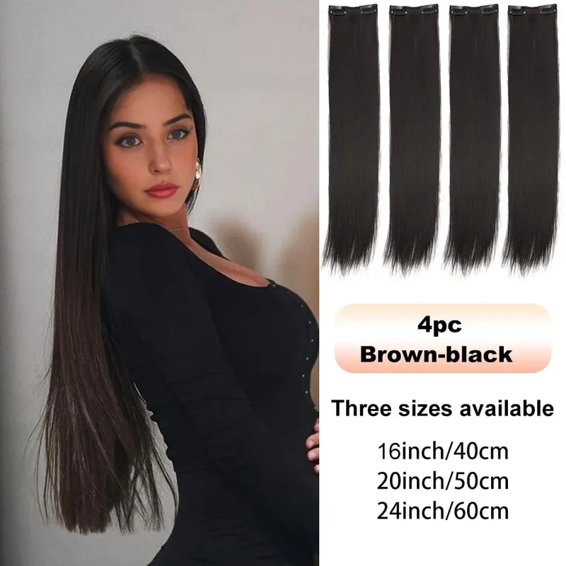4pc Synthetic Women's 16inch/20inch/24inch Four Piece Straight Hair Extensions Black/Brown Wig Suitable for Daily Wear — image 10